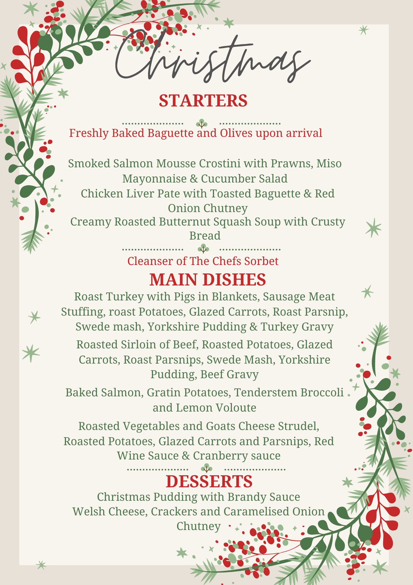 Christmas Dinner Menu 2025